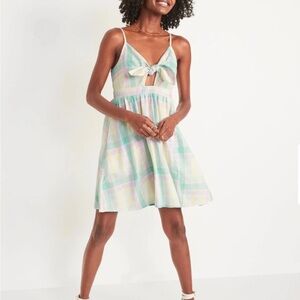 Old Navy Plaid Fit & Flare Tie-Front Smocked Printed Mini Cami Dress